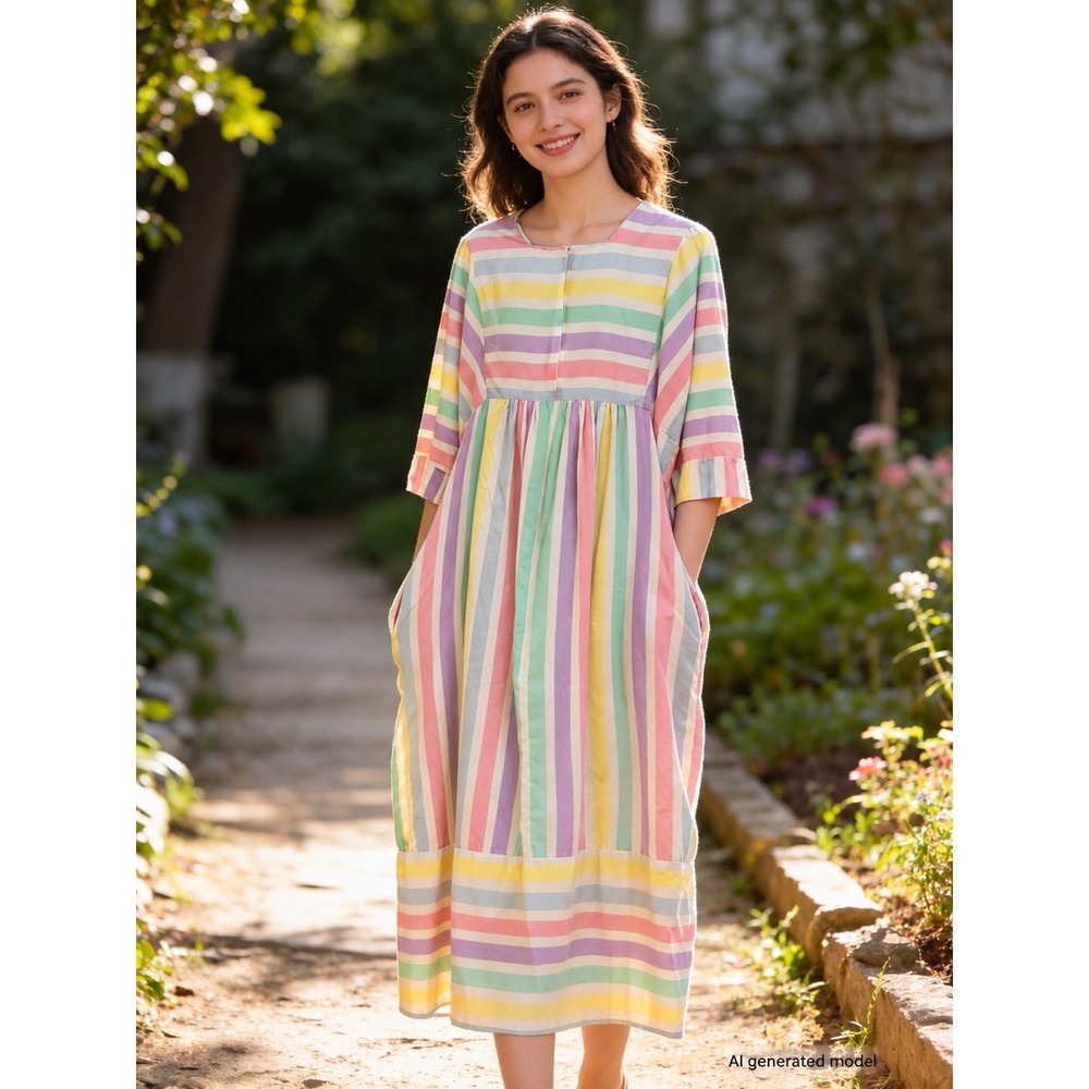 Vintage Leisure Life Pastel Rainbow Striped Babydoll House Dress Pockets L XL